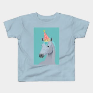 Horse with Party Hat Portrait - David Hockney Style Artwork Kids T-Shirt